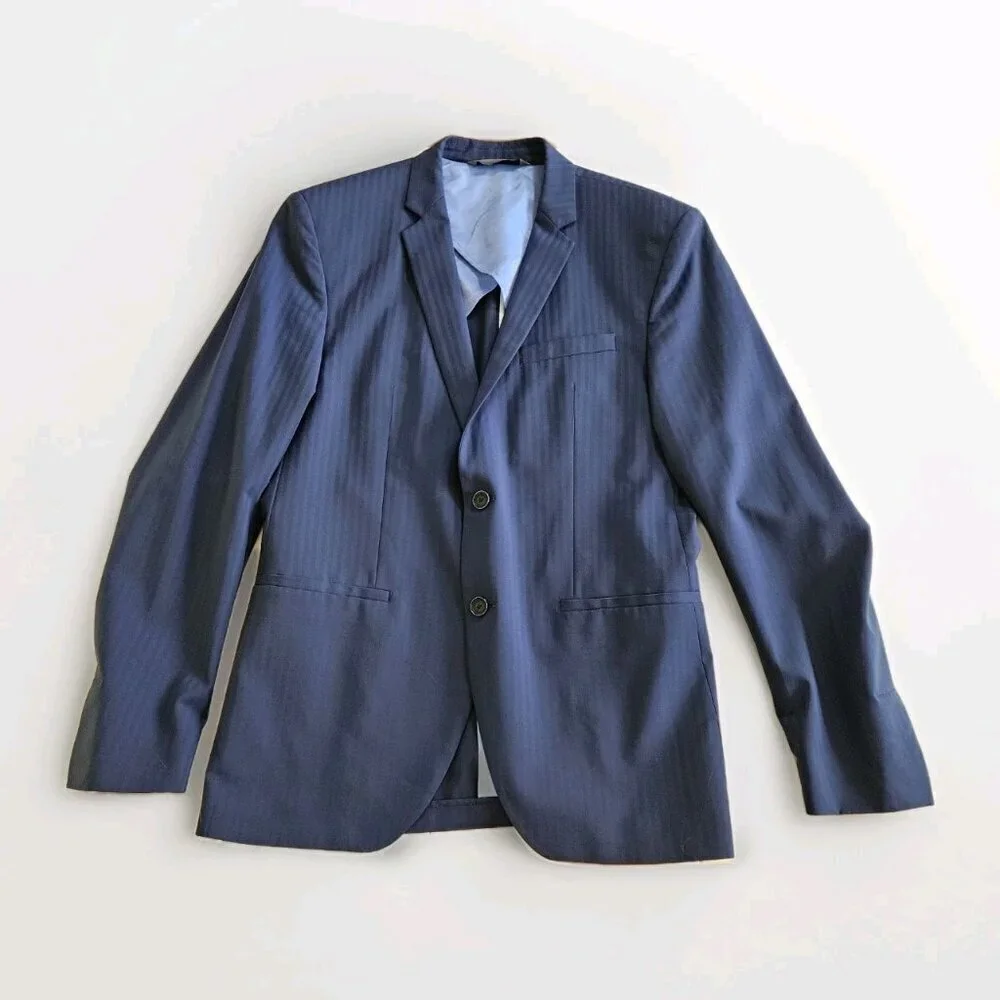 Zara Man Blazer Men US 40 Blue Stripe Wool Blend Lined Single Breasted 2B Vented
